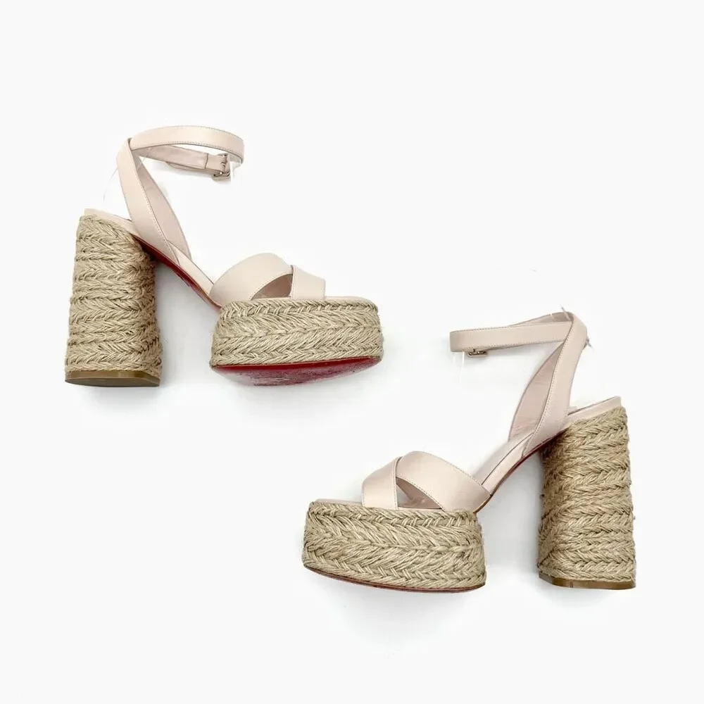 CHRISTIAN LOUBOUTIN Super Mariza Platform Espadrille Block Heels Size 40 Beige